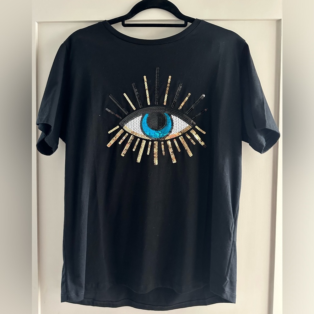Black Sequin Eye Graphic Tee - Women